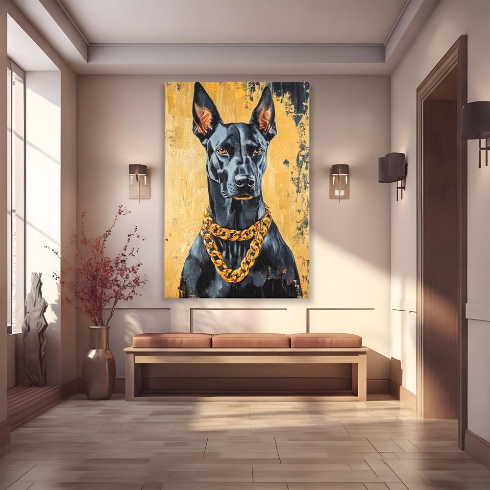 Tablou canvas cu tablou canvas cu doberman negru, fara rama, pe sasiu de lemn
